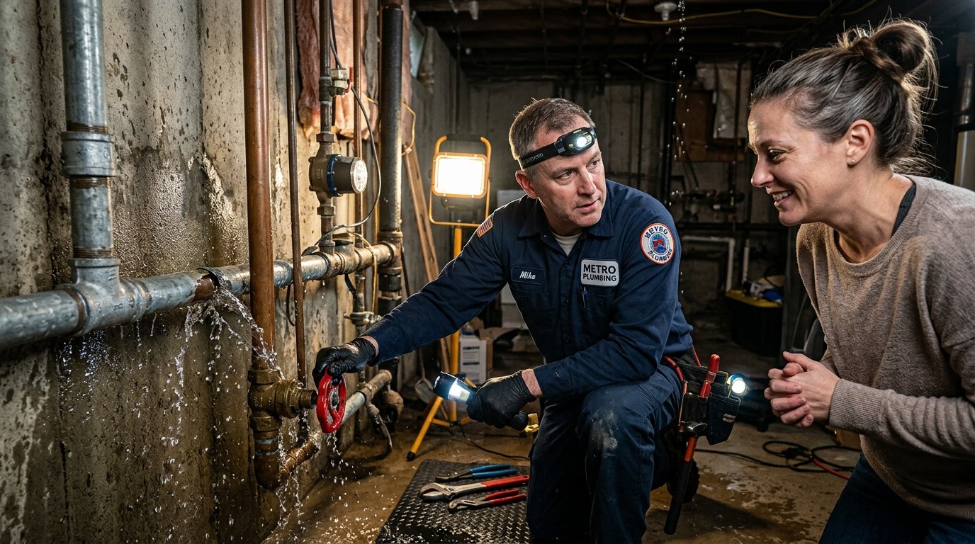 Master Plumber turning off emergency main water valve to stop flooding pipe leak
